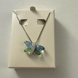 Sterling 925 Silver Butterfly Crystal Blue Green Necklace B34